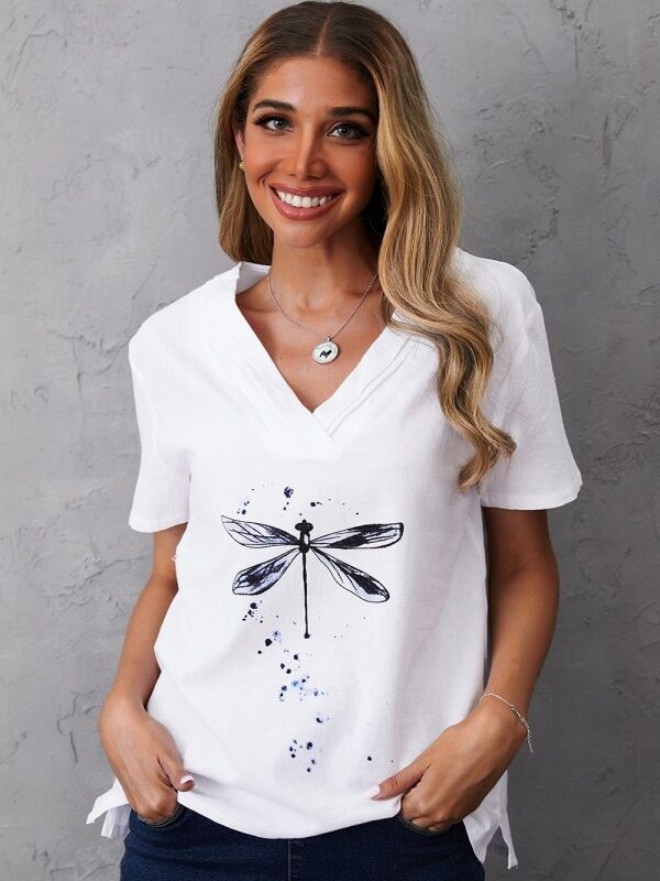 Women's V-neck Dragonfly Print Short Sleeves T-shirt