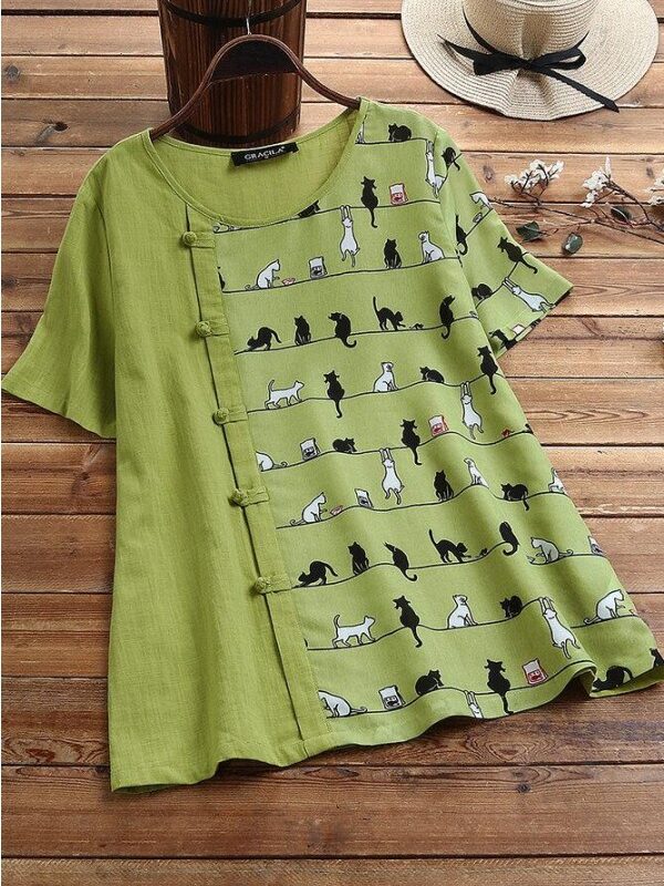 Cartoon Cat Print Buttons Round Neck Short Sleeves T-shirt