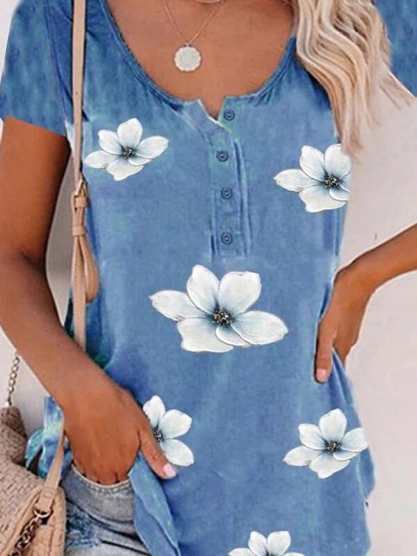 Floral Print Buttons Short Sleeves T-shirt